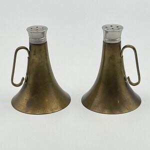 Vintage 1950s Brass & Glass Hunting Bugle Horn Salt & Pepper Shakers Set